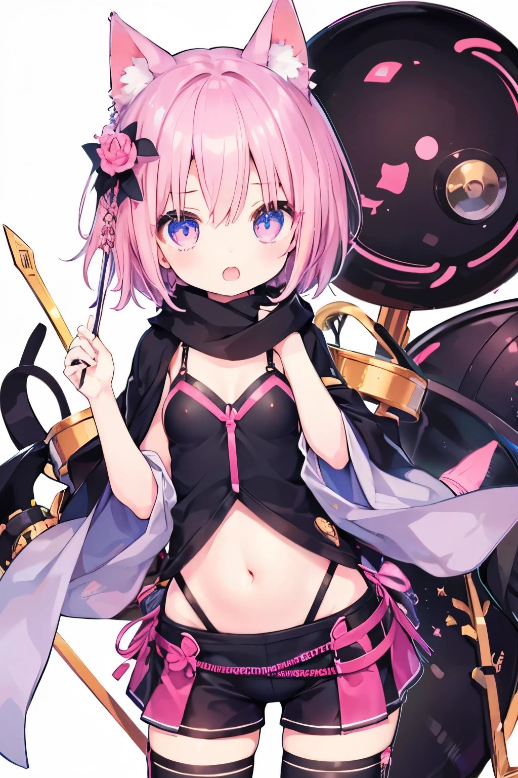 Very beautiful and shining eyes、shining eyes、((1 girl))、small breasts、big mouth、high school girl、small breasts、Cat ear、Transparent pink short hair、scarf、hot pants、transparent clothes、childish clothes、7 girl