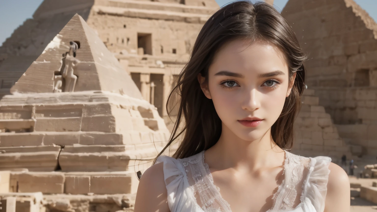 A woman in a white dress standing in front of a pyramid々new image, android girl in Egyptian ruins, Giza, ancient ruins behind her, Egyptian princess, Pyramid on background, Egyptian, Pyramid on background, amazing beauty, Egyptian Makeup, black emma watson as Egyptian, temple behind her, beautiful and delicate face, beauty campaign