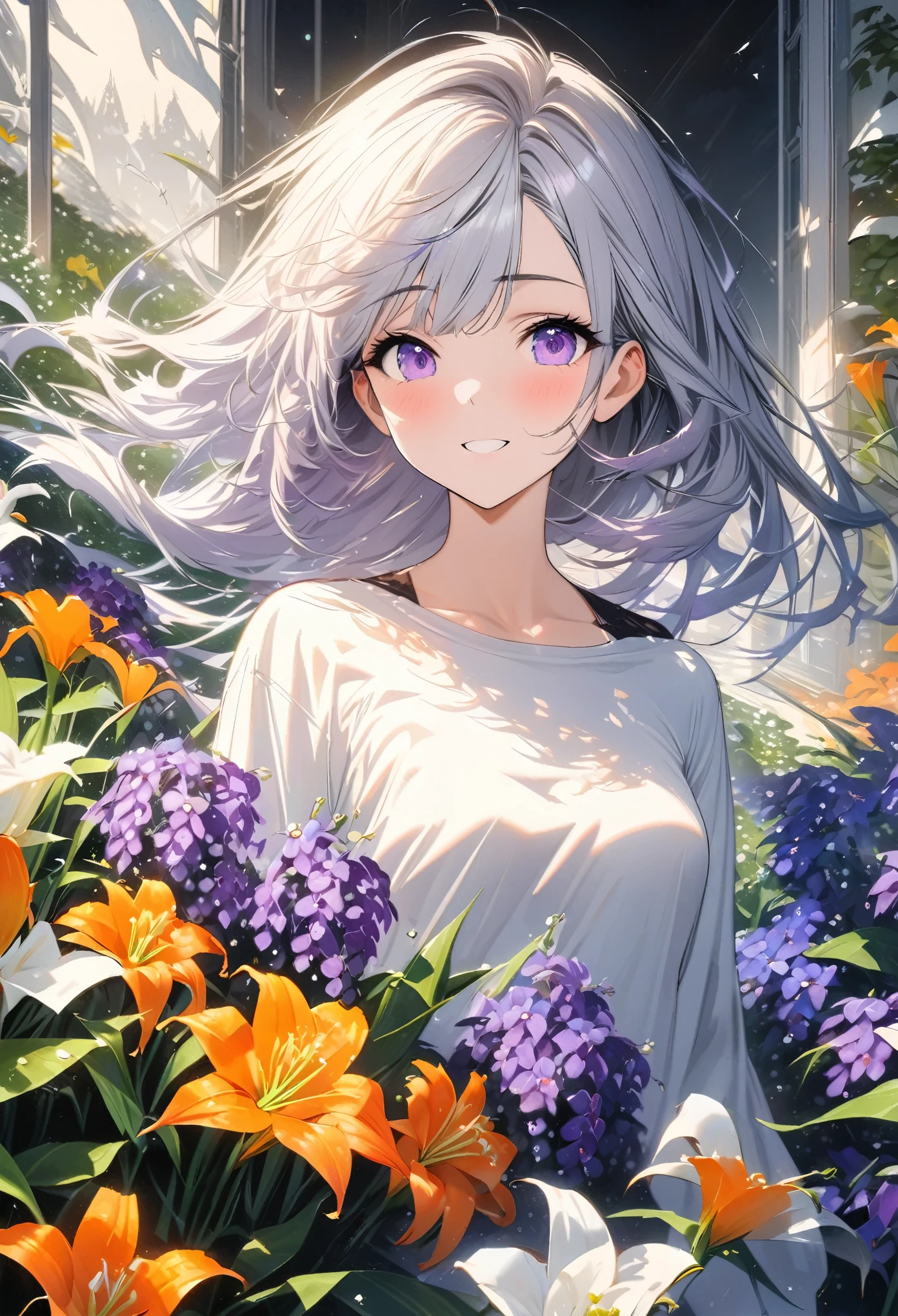 best quality, super fine, 16k, incredibly absurdres, extremely detailed, beautiful girl buried among white lilies of the valley, orange lilies, and purple violets, happy look, shining silver hair waving in the wind, wind, wind-effect, sunlight shining through, blend art, mixture art, design art