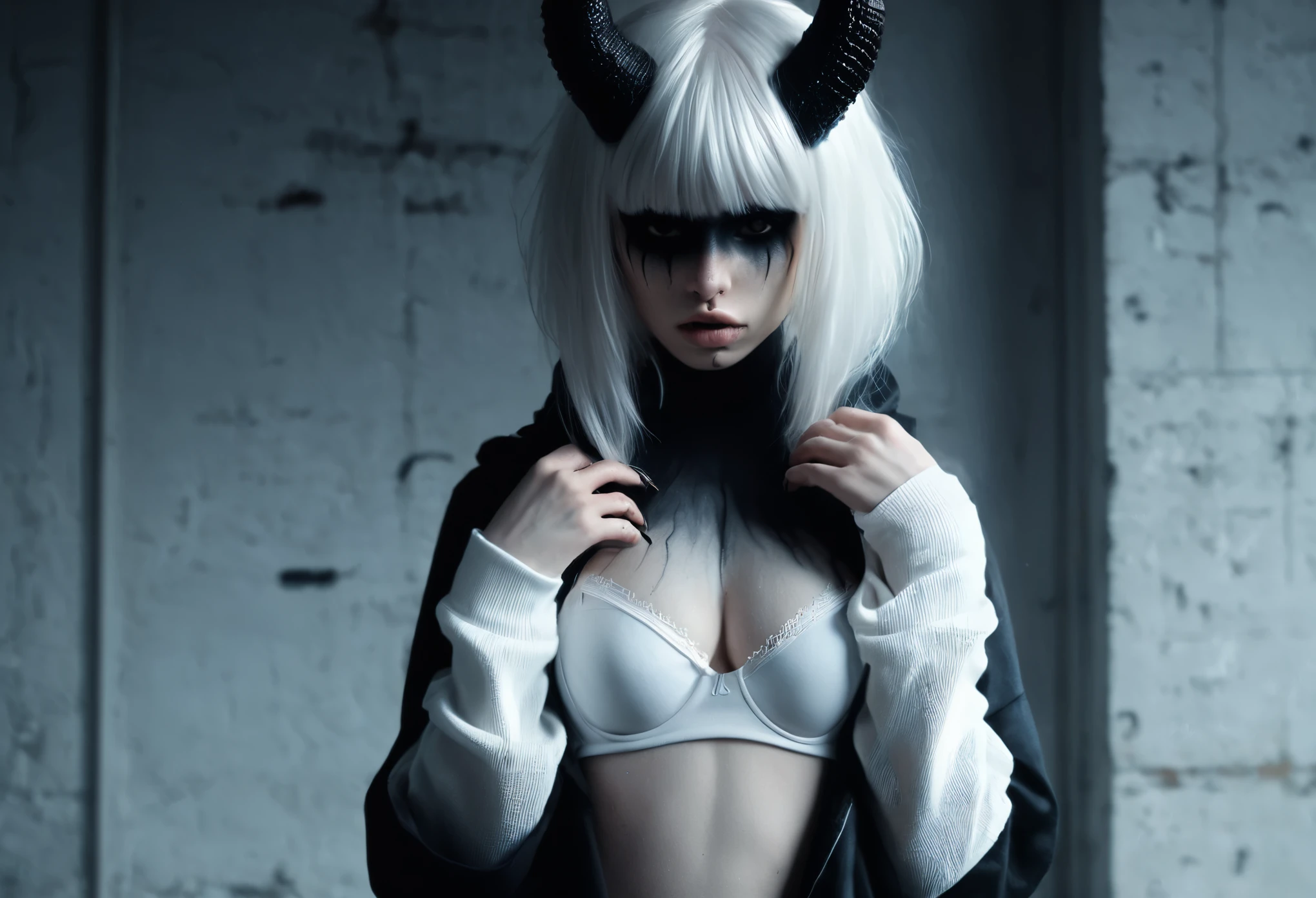 (Best Quality,hight resolution,Masterpiece, full body view:1.2),Ultra-detailed,demon woman with horns,dressed in black hoodie and white panties,sickly,standing in a horror sci fi scenario,horror sci fi aesthetic,gloomy ecstasy,fetish,dark gloomy atmosphere,gritty texture,Retro-atmosphere,warped reality,melancholic expression on his face,mysterious aura,foggy atmosphere,foggy background,Subtle color palette,provocative pose,Strong emotions,Coming Out of the Depths of Despair,Piercing gaze,intense shadows,Plunged in Darkness,dark industrial aesthetic,ominous vibe,A supernatural sensation,Loss of Place in Time and Space,Eerie silence.asymmetrical bangs, freckles, white short hair, Bangs, freckles, gray eyes,