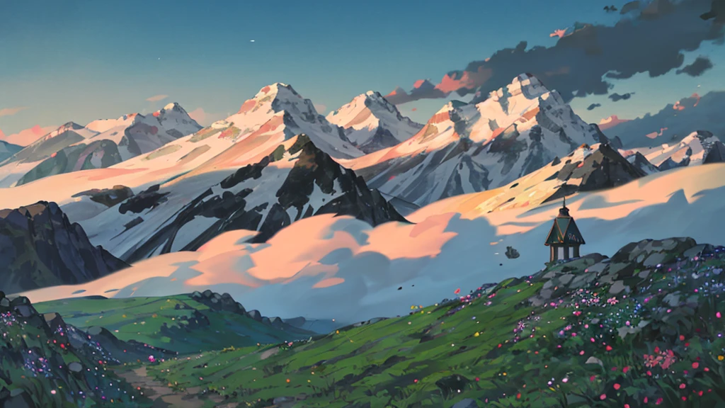 A breathtaking {{highres, 8k}} masterpiece that showcases an ultra-detailed depiction of a serene outdoor scenery. The scene unfolds with a captivating view of a clear blue sky dotted with fluffy clouds. The day is filled with the vibrant colors of nature, with lush green grass, colorful flowers swaying in the gentle breeze, and a majestic mountain range that stretches across the horizon. The landscape is untouched by humans, allowing the viewer to fully immerse themselves in the tranquility of the scene.

As your gaze drifts towards the distance, the scenery reveals a mesmerizing flower field, alive with a vibrant array of blossoms in various hues. In the foreground, a cliff adorned with vines and bushes adds an element of natural beauty to the composition