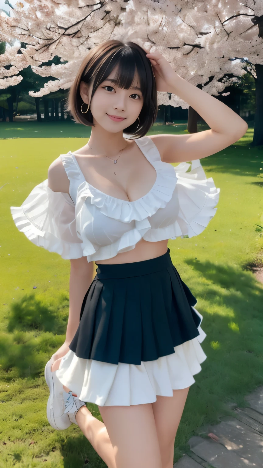 Masterpiece, Best-quality, RAW-photo, Ultra-High-Resolution, Photorealistic, very delicate human skin, perfect fingers,
(Anatomically correct, 18-years-old, Realistic Japanese girl, photographer's lover, She truly loves photographer, short height, thin waist, big breasts, Slender legs, Large breast, Realistic skin),
((micro ruffle mini skirt, white nit, sneakers:1.3)),
((See photographer, look at viewer, standing with spread legs, standing with legs wide apart, hand on own chest, Kyun pose:1.3)),
(maiko, Round face, Black hair, Black eyes, Moist eyes, Shining eyes, Short bob cut, Bangs, Down-slating eyebrows, one little earring, Light blush),
(goddess smile),
(Cherry blossoms, A vast pond, a large park, horizon),
Natural lighting, full length