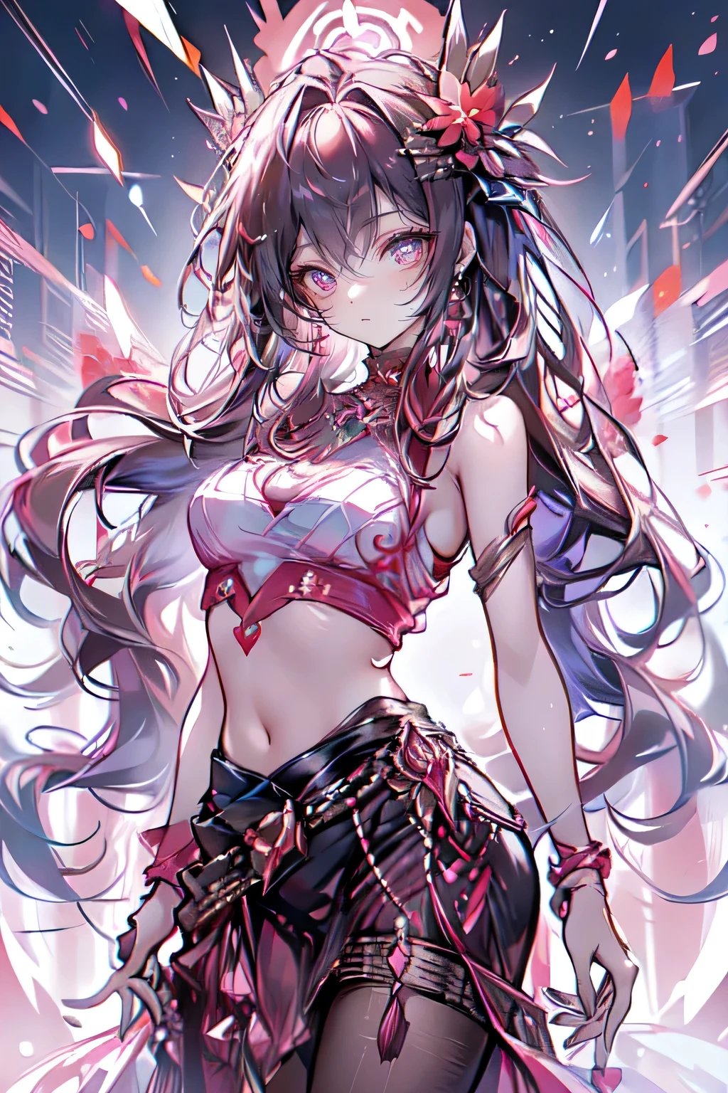 (masterpiece),(Best quality:1.0), (ultra high resolution:1.0), detailed illustration, 8 k, anime, 1 girl, beautiful anime girl, In a sari, wear pink sari, beautiful pose, Beautiful face, detailed face, beautiful eyes, dark red eyes, detailed eyes, Red lips, Red lipstick, slightly brown hair, pink flower on ear, highlighting in hair, standing, Red flowers on the back of the tree, Open sky with clouds, detailed, difficult, anime style, highly detailed