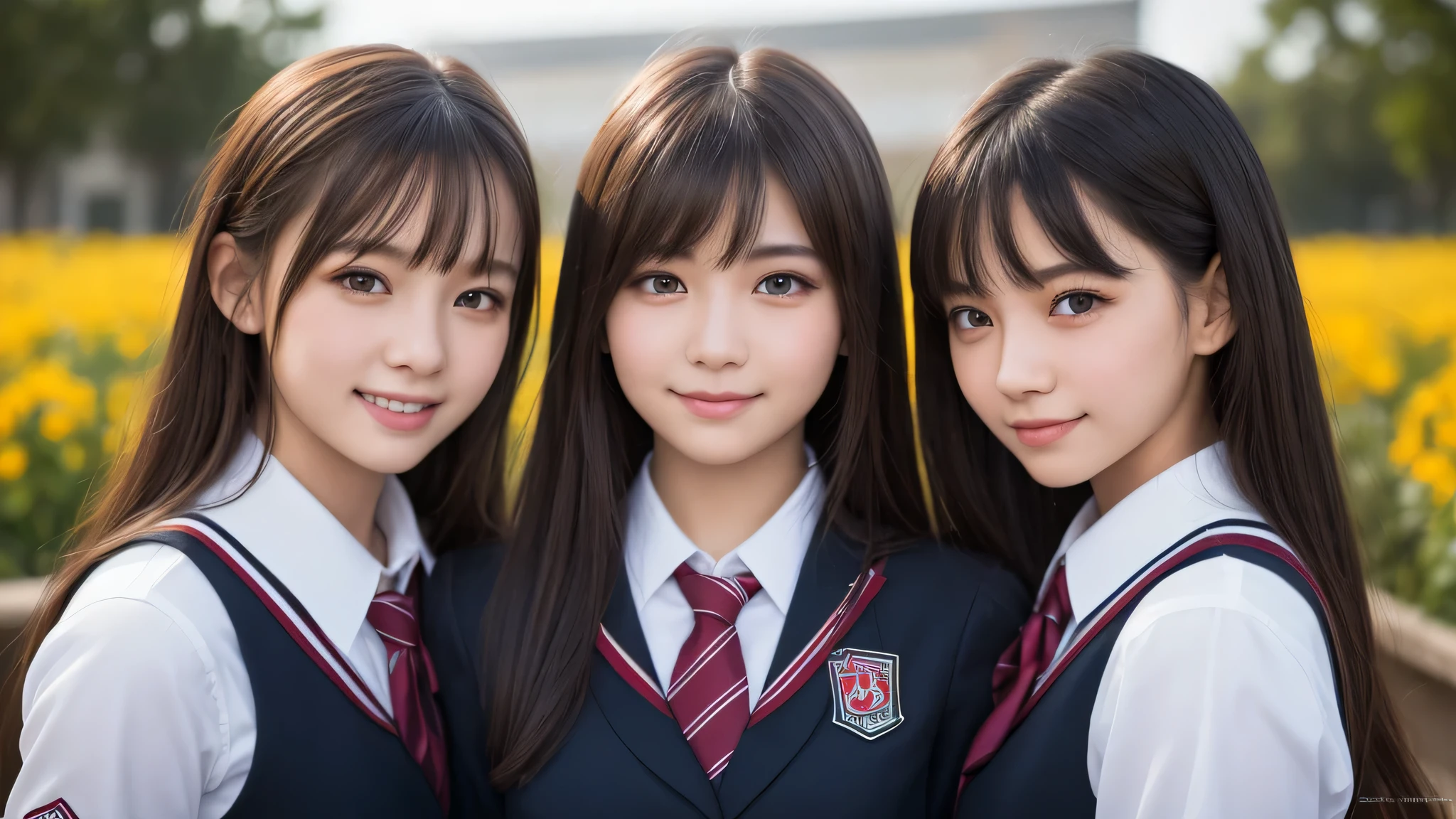 (3young girls), Amazing face and eyes, brown eyes, highly detailed girls, extremely detailed CG unified 8k wallpaper, highly detailed, High-definition raw color photos, professional photography, Realistic portrait, Cinematic Light, bangs, (Best Quality:1.4), (Ultra-detailed), (high school uniform:1.2), Extremely high resolution, flowers, (smile:1.2), 