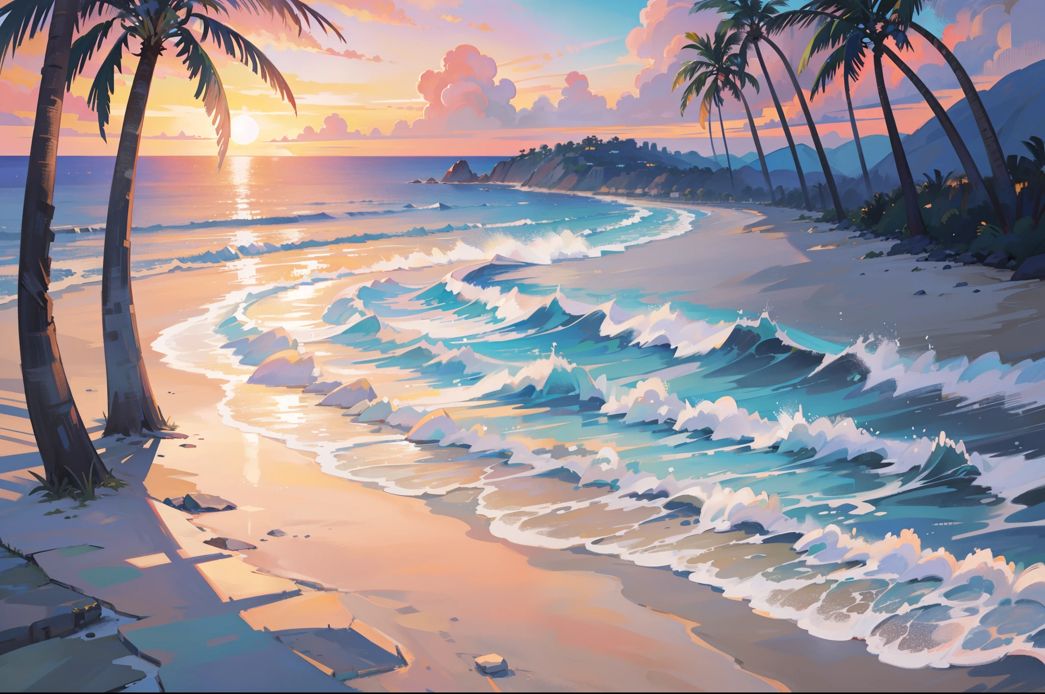 (masterpiece), highest quality, ultra high resolution, beautiful scenery, detailed scenery, (Warm pastel colors), beach, colorful beach, Pink sand, Palm tree, Ocean, sunset