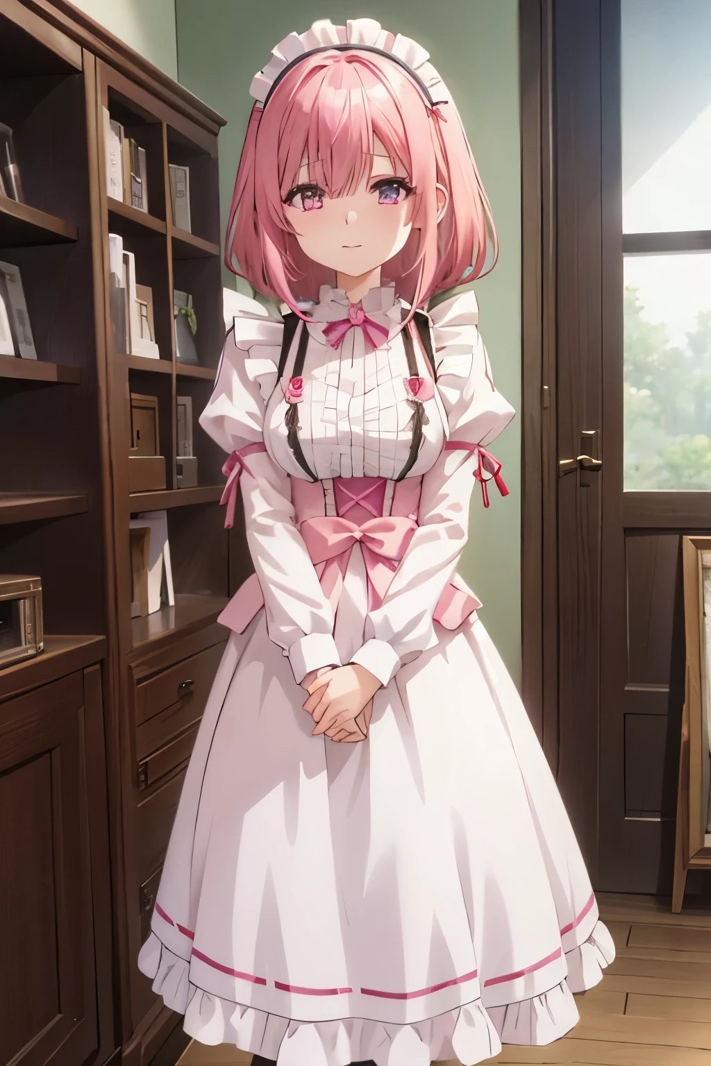 anime、Highest image quality、beautiful girl、Standing picture、Maid clothes、Shiny detailed light pink hair、A fleeting look、transparency、One eye is hidden by hair、cute、beautiful