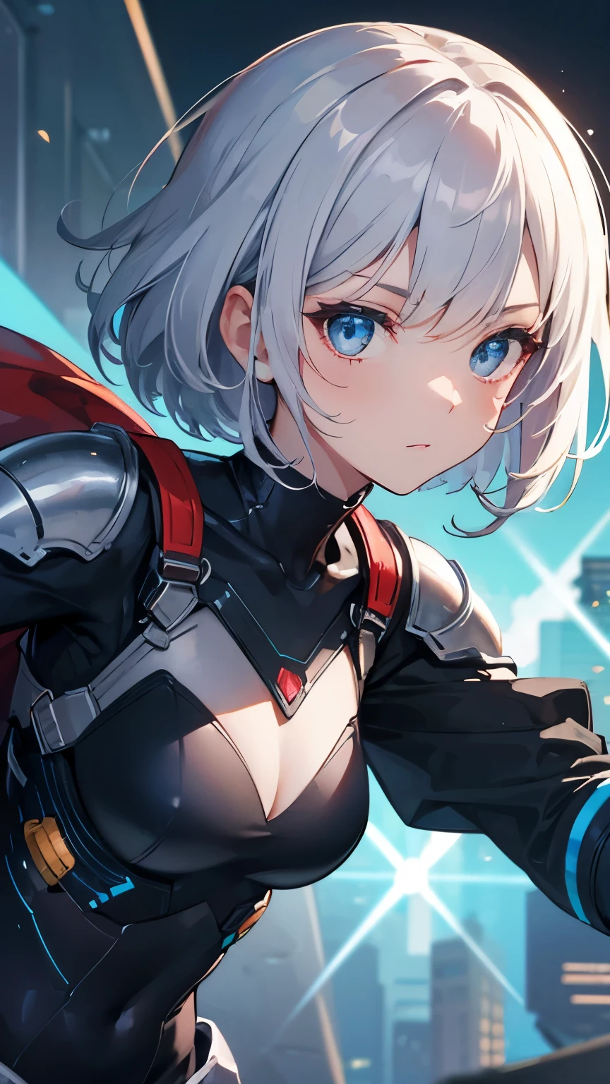 High resolution, high quality, medium bob cut, silver hair, big eyes, inorganic expression, dark blue bodysuit, armed shoulders, armed arms, sci-fi movie warrior, shiny costume, Cute girl, detailed face, fine details, diffused reflection of light behind,