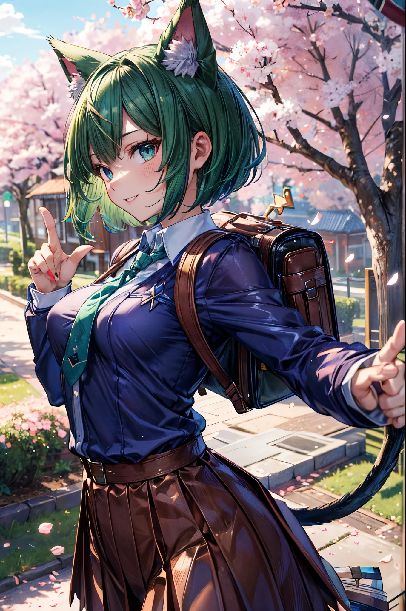 ((school uniform)), mechanical knee joint, ((triangle shaped tie)), ((deltamon_beta:1.5)), (carrying a backpack), (a tail growing from the butt), break, short hair, ((green hair1.5)), (cat ears a green), bob cut, (((4 defined fingers))), (((1 defined thumb))), (looking down), break, sexy, ((solo)), (1 woman), ((25 years old)), ((highest quality)), ((masterpiece)), (familiar),  skindentation, perfect face, 8k , upper body, break, break, blue eye, beautiful princess, smile, ((medium breasts)), perfect limbs, (visible nipples:0.6), (camel toe:0.4), sexy, (sexy pose),, (dutch angle), dynamic pose, (from above), standing in front of the school, spring landscape, Cherry blossom petals are dancing,