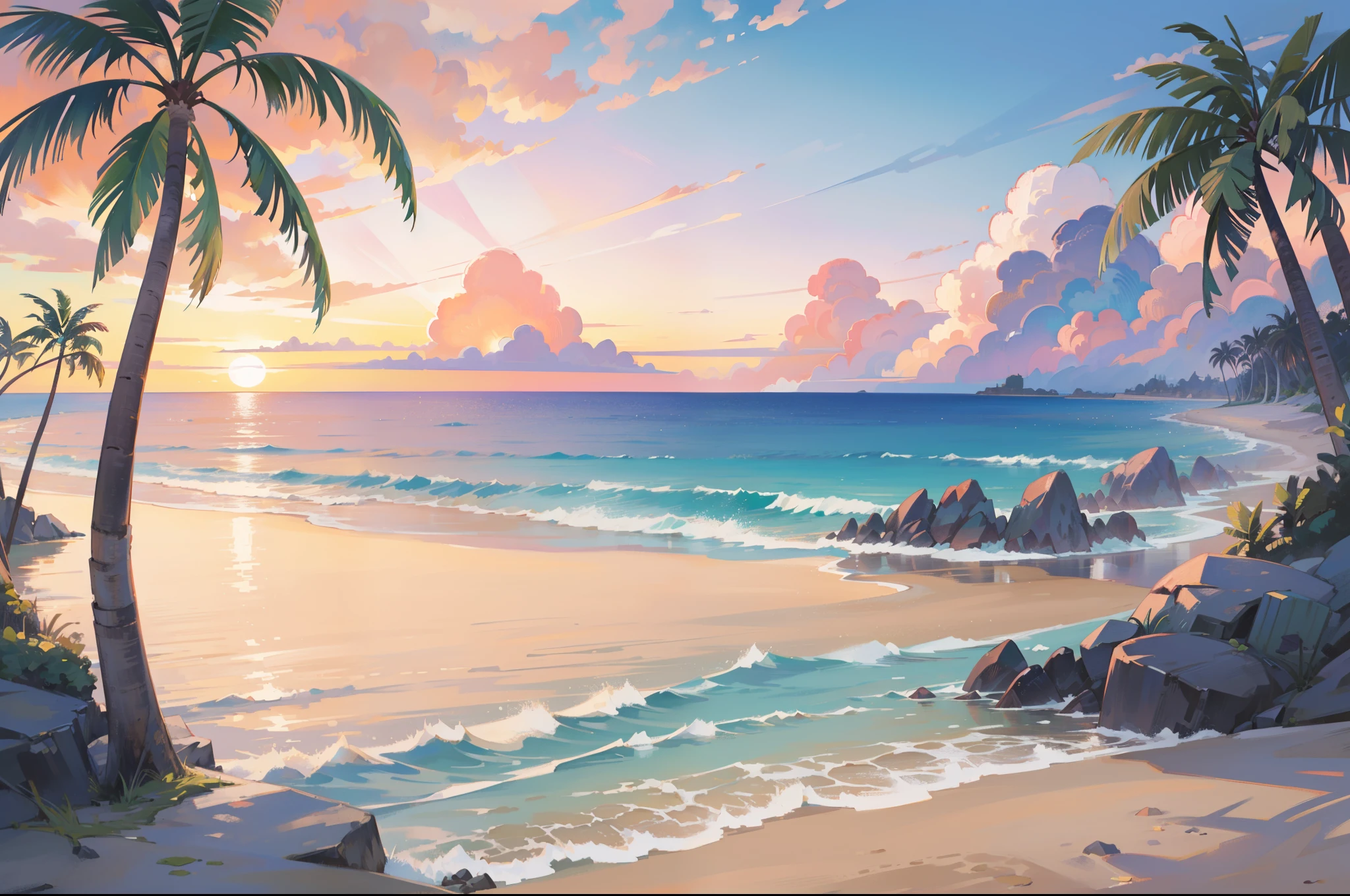 (masterpiece), highest quality, ultra high resolution, beautiful scenery, detailed scenery, (Warm pastel colors), beach, colorful beach, Pink sand, Palm tree, Ocean, sunset