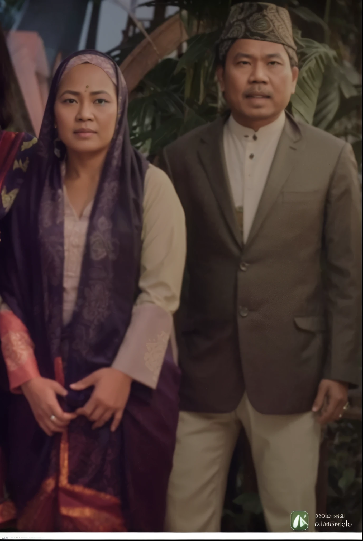 Family photo of Indonesia, two people, a man and a woman, wearing a green suit and green headscarf, white pants and batik sarong, realistic UHD, 8k 