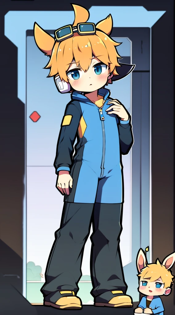 2D boy Shota，jumpsuit，Slim, healthy body，Put the headphones on your head，stand up，goggles，rabbit ears