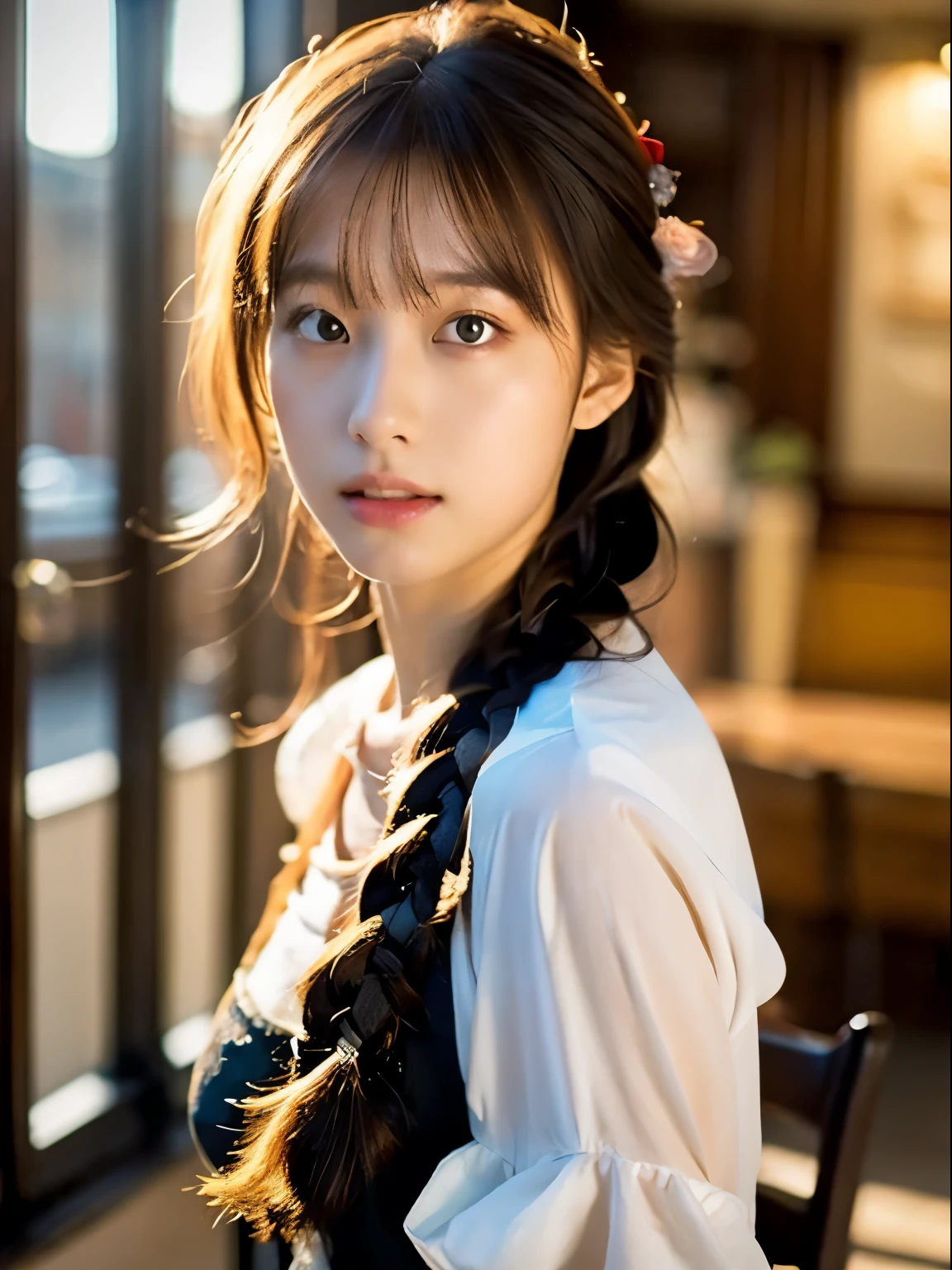Solo, 1girl in, masutepiece, Best Quality, ighly detailed, Cinematic lighting, intricate detailes, hight resolution, Official art, Dense beautiful face and eyes, High resolution illustration, 8K, Dark intense shadows, Overexposure, [Blonde hair/Brown hair], Single braid, Blue eyes, smug, sit a chair, Large breasts, whiteshirt, Yellow suspenders, Boken_stack, Library, ((vine)), Rose, full body