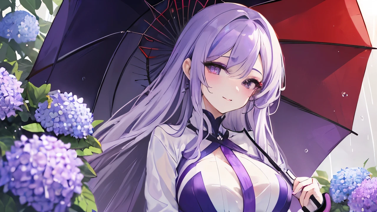 lens flare、Masterpiece、Rain is falling、Hydrangea field background、(40 years old:1.4) 、(1 woman:1.4)、(Light purple hair:1.4),tareme、(straight long hair:1.7),medium breasts,(droopy eyes:1.2)、Cheek dyeing、(purple right eye:1.4), medium breasts,(red left eye:1.4) 、(Eyeshadow:1.3)、(blush:1.2)、light smile、(Kappa:1.4)、Sexy、adult、(She has an umbrella:1.4)