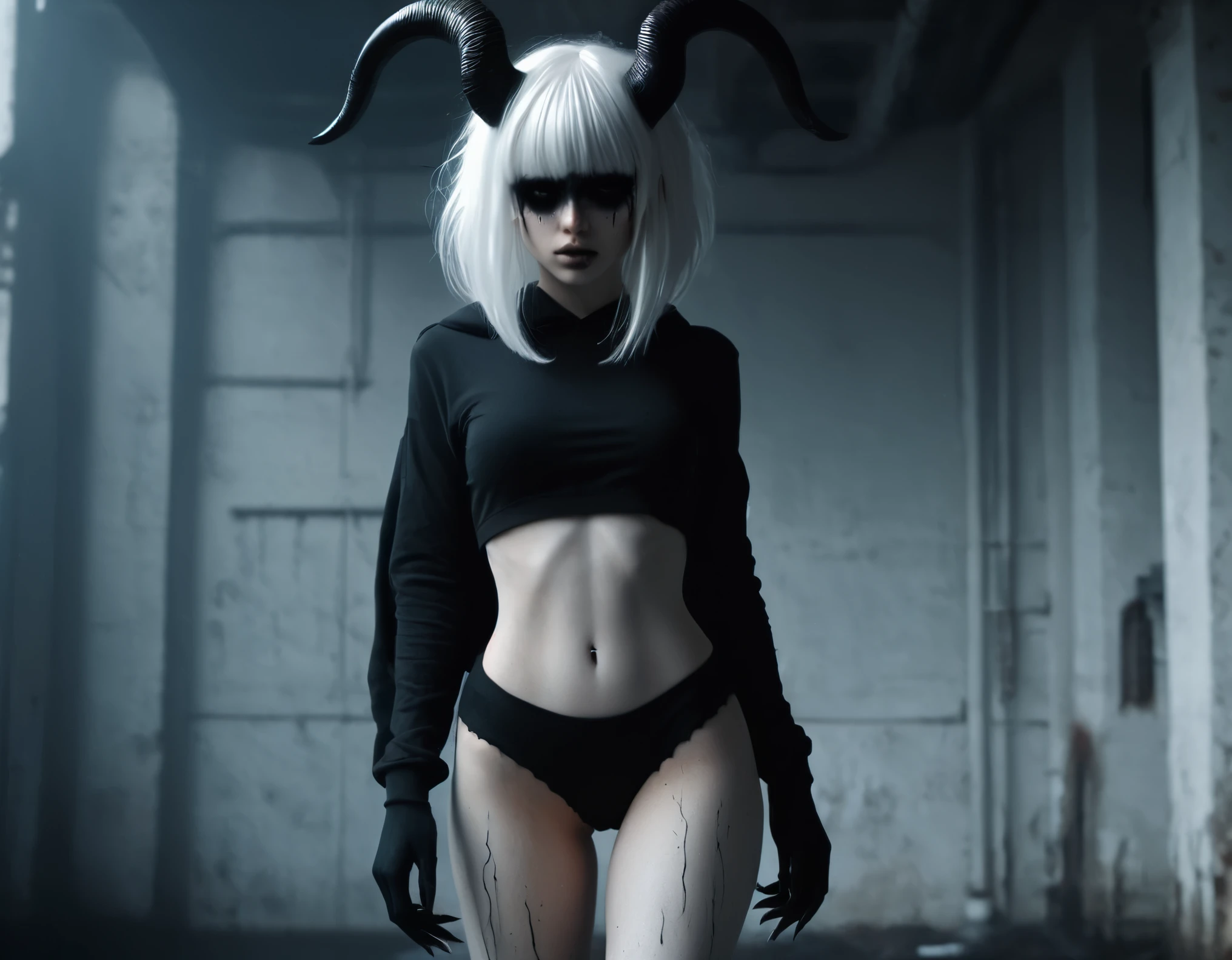 (Best Quality,hight resolution,Masterpiece, full body view:1.2),Ultra-detailed,demon woman with horns,dressed in black hoodie and white panties,sickly,standing in a horror sci fi scenario,horror sci fi aesthetic,gloomy ecstasy,fetish,dark gloomy atmosphere,gritty texture,Retro-atmosphere,warped reality,melancholic expression on his face,mysterious aura,foggy atmosphere,foggy background,Subtle color palette,provocative pose,Strong emotions,Coming Out of the Depths of Despair,Piercing gaze,intense shadows,Plunged in Darkness,dark industrial aesthetic,ominous vibe,A supernatural sensation,Loss of Place in Time and Space,Eerie silence.asymmetrical bangs, freckles, white short hair, Bangs, freckles, gray eyes, full body