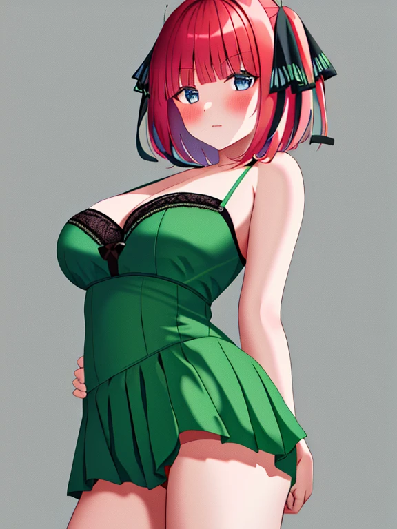 masterpiece, highest quality, High resolution, Hmm 1, 1 girl, alone, hair ribbon, short hair, lingerie, arm behind head, good, big breasts, green skirt, embarrassing, blush, simple background,