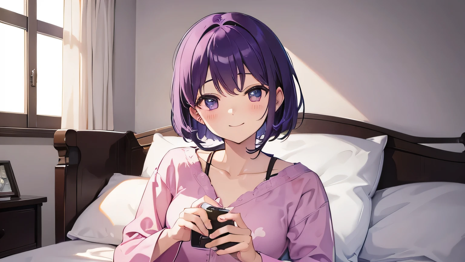 (T Masterpiece,4k wallpaper,best quality))、((girl1people))、(solo)、Shining and vivid,(purple hair)、(shortcut:1.3)、smile、Bedroom、pajamas、night