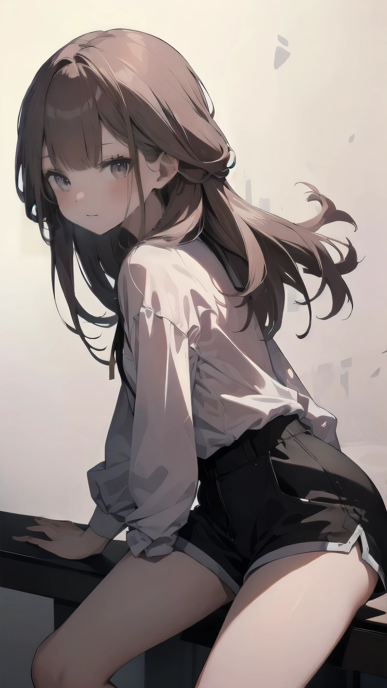 master piece、Highest image quality、highest quality、 ((panic))、glossy hair quality、small face、sitting、Super detailed and beautiful bright eyes、Super detailed clear and beautiful face、(cute illustration:1.2), High-resolution, ultra-detailed, best quality, embarrassed、(Gaps in shorts)、(cute underwear)