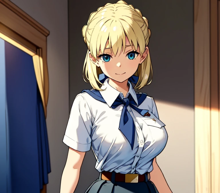 one very young slim fit girl, full height, rounded face, big blue eyes, shy smile, perfect huge breasts, pioneer neckerchief, micro tight blue pleated skirt, bangs, tight white shirt, short sleeves, collared shirt, belt, red neckerchief, breast pocket, braid, hair ribbon, blue ribbon, short curly fluffy blonde hair, saber