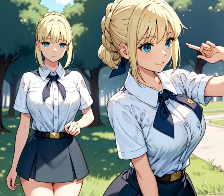 very young slim fit girl, full height, rounded face, big blue eyes, shy smile, perfect huge breasts, pioneer neckerchief, micro tight blue pleated skirt, bangs, tight white shirt, short sleeves, collared shirt, belt, red neckerchief, breast pocket, braid, hair ribbon, blue ribbon, short curly fluffy blonde hair, saber