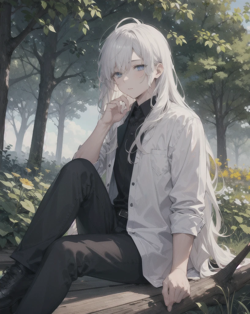 young boy,man,long hair,white hair,blue eyes,sitting under the tree,Sitting and sleeping,realistic,4k,charming,very detailed,thin,