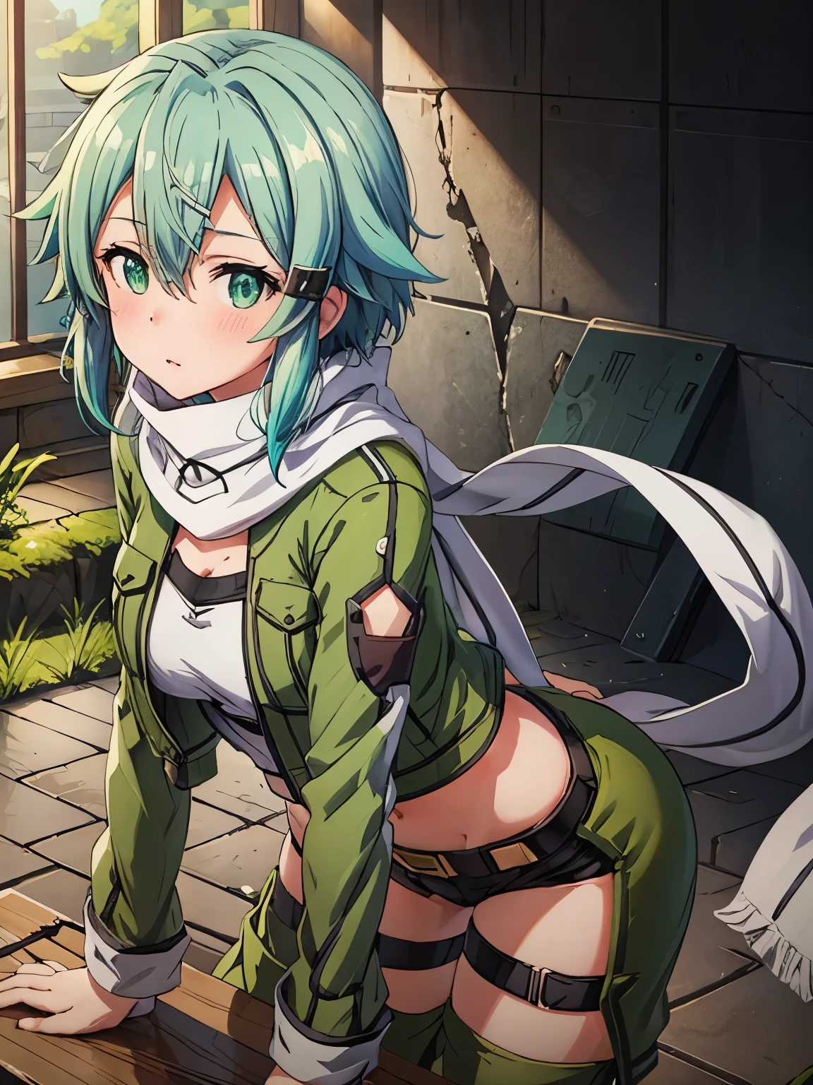 masterpiece, highest quality、Shinono,pixel perfect, solo、Perfect in every detail, alone, 1 girl、(masterpiece), blush、highest quality, expressive eyes, perfect face, High resolution, sinon 1, scarf,, long sleeve, short shorts, hair ornaments, hair clip, green knee socks, green jacket, thigh strap, arms on both sides, ruins background, Are standing, cowboy shot, leaning forward、