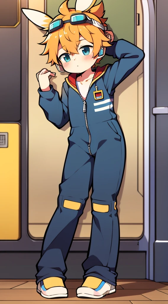 2D boy Shota,jumpsuit,Slim, healthy body,Put the headphones on your head,stand up,goggles,rabbit ears,Pull down the zipper