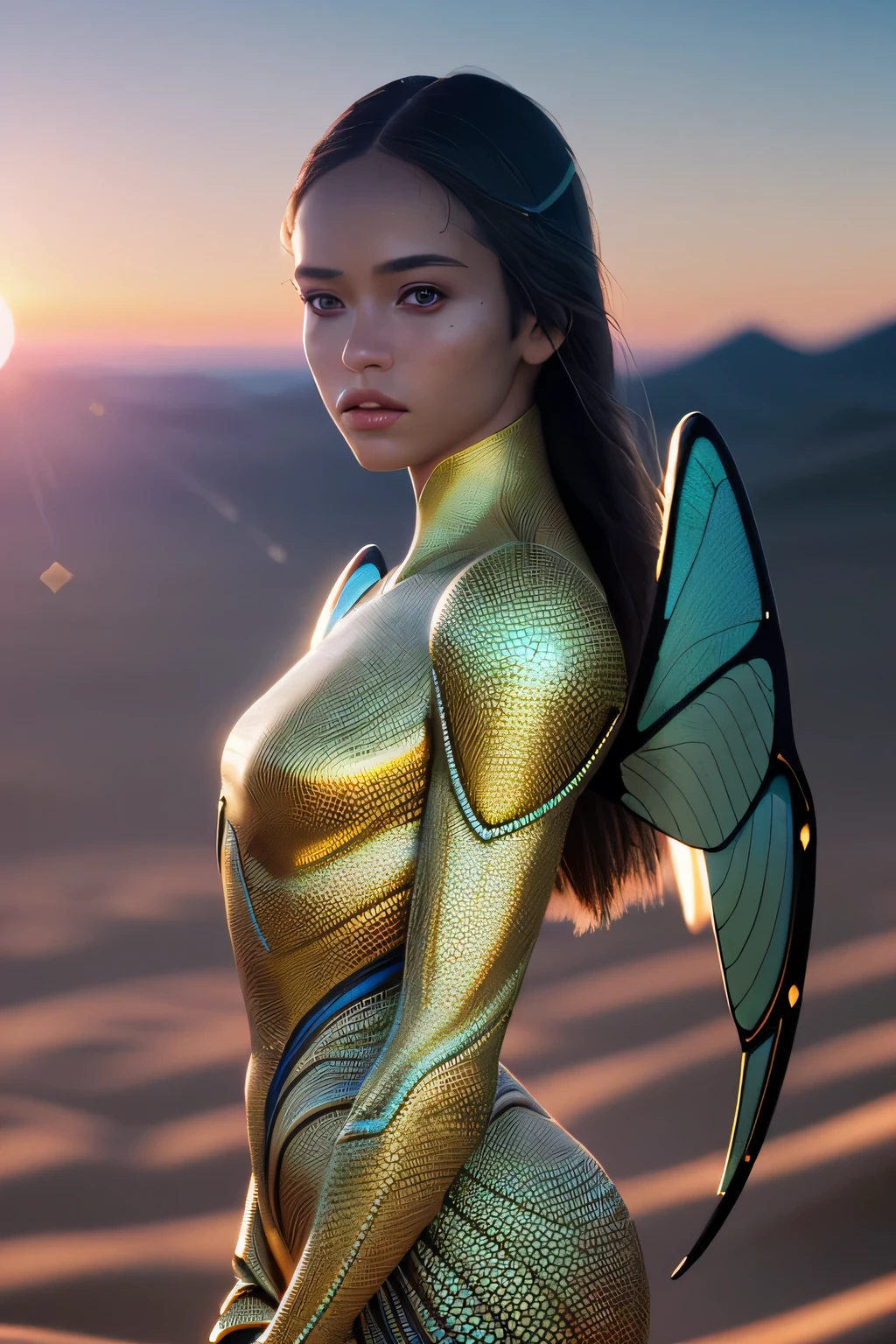 (masterpiece), (very complicated:1.3), (realistic), girl portrait, the most beautiful in the world, (insect-like wings), scale powder reflection, fashion model posing, outdoor, intense sunlight, distant dune, Stunning female professional photo details, sharp focus, dramatic, Award history, cinematic lighting, Octane Rendering Unreal Engine, volumetrics dtx, (film grain, blurred background, blurred foreground, Bokeh, Depth of the bounds written, sunset, motion blur:1.3), thin blue clothing