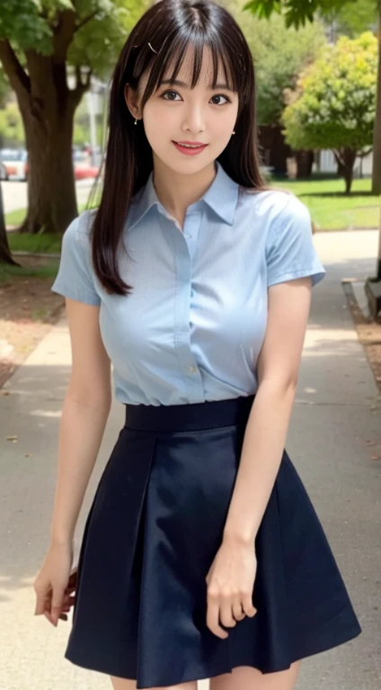 ((highest quality,8K,masterpiece:1.3)),woman posing for a photo,  Japanese, 24 year old female model, small breasts、bangs、black haired、middle hair、long hair、straight hair、(Light blue cutter shirt,flare skirt:1.2),Slim figure、small breasts、laughter、The background is an empty park、beautiful feet、