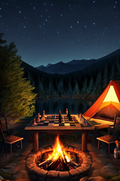 campsite at night、Table in the center、Bonfire in the back、chess on the table、There are no people、masterpiece、4K、no people、perfect chess