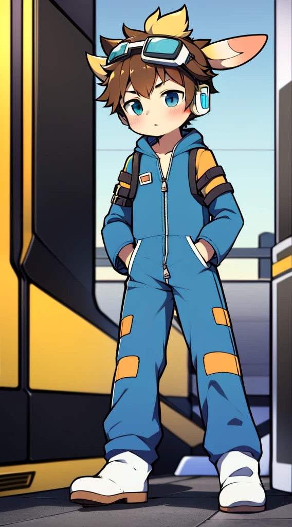 2D boy Shota，jumpsuit，Slim, healthy body，Put the headphones on your head，stand up，goggles，rabbit ears，Pull down the zipper，white socks