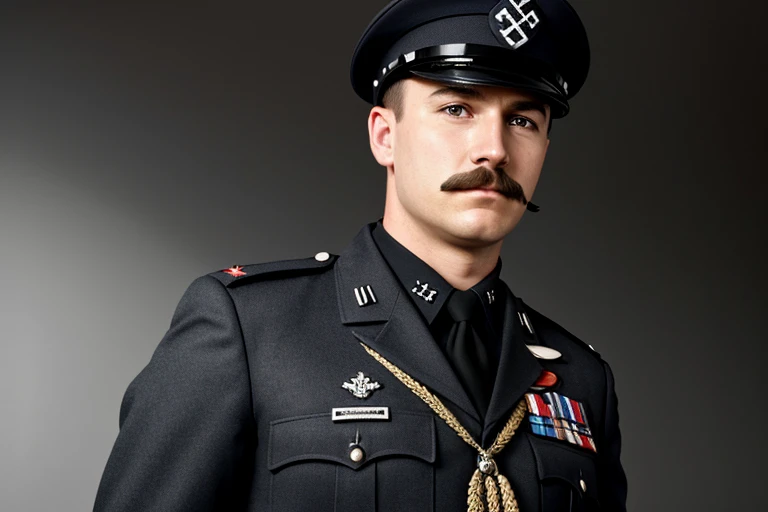 Tom, 20 ans, brun, moustache, allemand, charismatique, high-ranking German army officer, Waffen-SS, heil hitler, croix de fer, nazis, swastika, Totenkopf, ww2, Realistic, tennue Realistic, lieu Realistic, peau Realistic, cheveux Realistic, 4k, hd, masterpiece