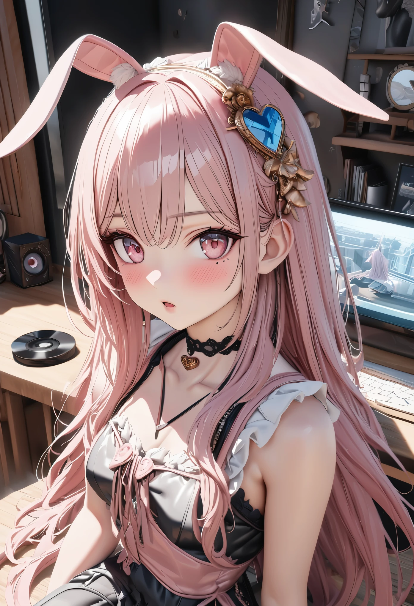 masterpiece,highest quality, Super detailed, High resolution, expensive resolution, HDR, 4k, 8K, unity 8k wallpaper, Super detailed CG, masterpiece, photo realistic, 2D, 3D, beautiful details, depth, fine texture , super fine: 1.3, Fully focused, Crispy.skin, .he,
Very cute anime girl with Pink semi-long hair wearing expensive , one girl, smile、alone, Pink semi-long hair, animal ears, rabbit ears, Idol、Cute costumes、whole body、computer、disk、mole under the eye, looking at the viewer , expensive , blush, mole, rabbit ears, parted lips, hair ornaments, heart, pink eyes, choker