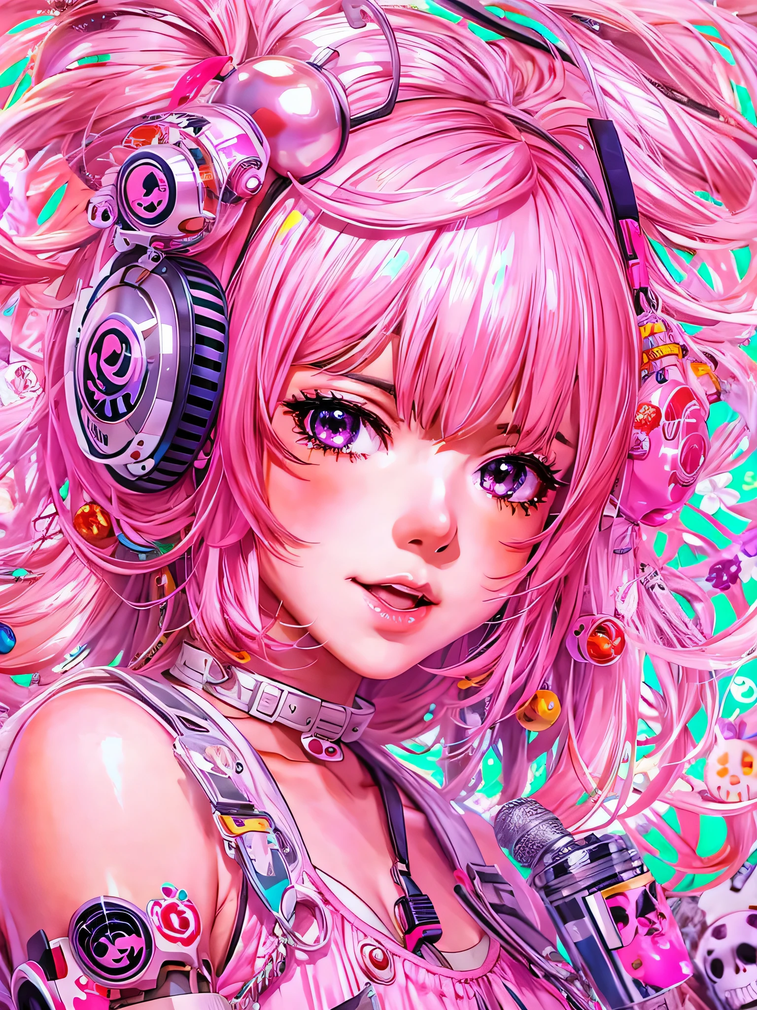 Ai Yazawa style、pink hair anime girl, skull fashion, anime style 4 k, Decora style illustration, anime art wallpaper 4k, anime art wallpaper 4k, anime wallpaper 4k, anime wallpaper 4k, anime style. 8K, anime atmosphere, anime art wallpaper 8k, anime style illustration, anime art style, anime styled, cute detailed digital art