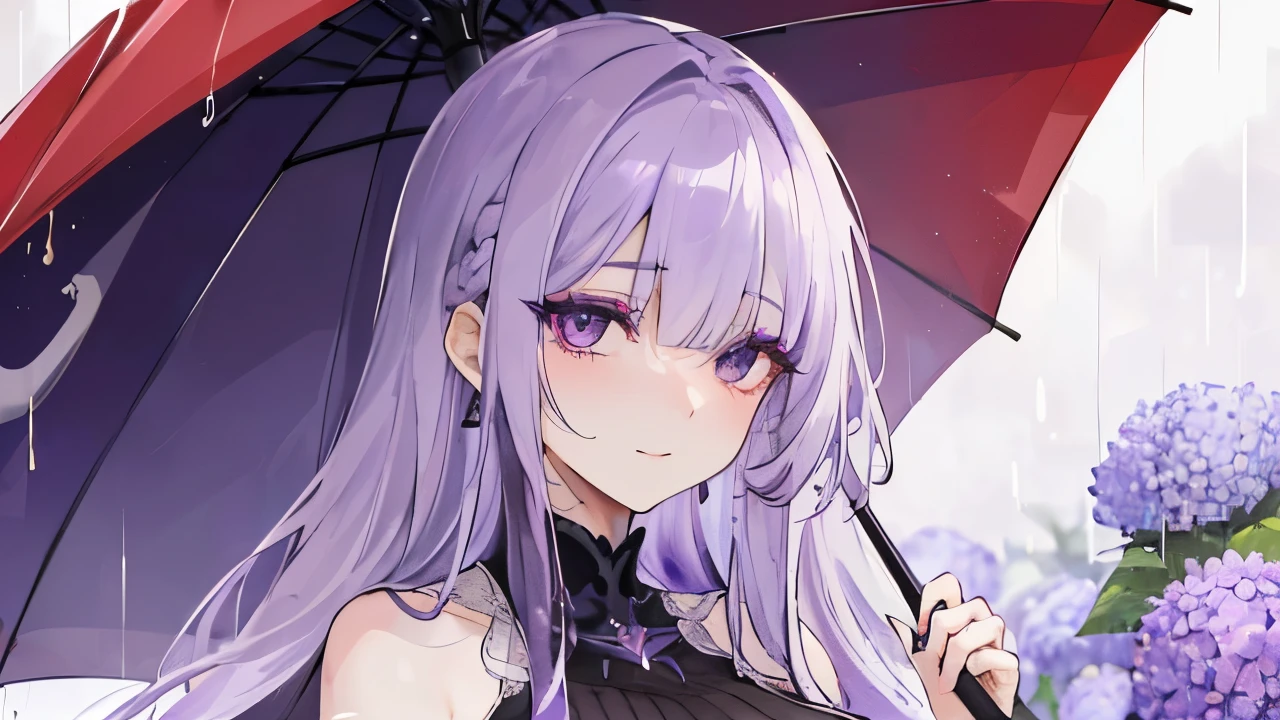lens flare、Masterpiece、Rain is falling、Hydrangea field background、(40 years old:1.4) 、(1 woman:1.4)、(Light purple hair:1.4),tareme、(straight long hair:1.7),medium breasts,(droopy eyes:1.2)、Cheek dyeing、(purple right eye:1.4), medium breasts,(red left eye:1.4) 、(Eyeshadow:1.3)、(blush:1.2)、light smile、(Kappa:1.4)、Sexy、adult、(She has an umbrella:1.4)
