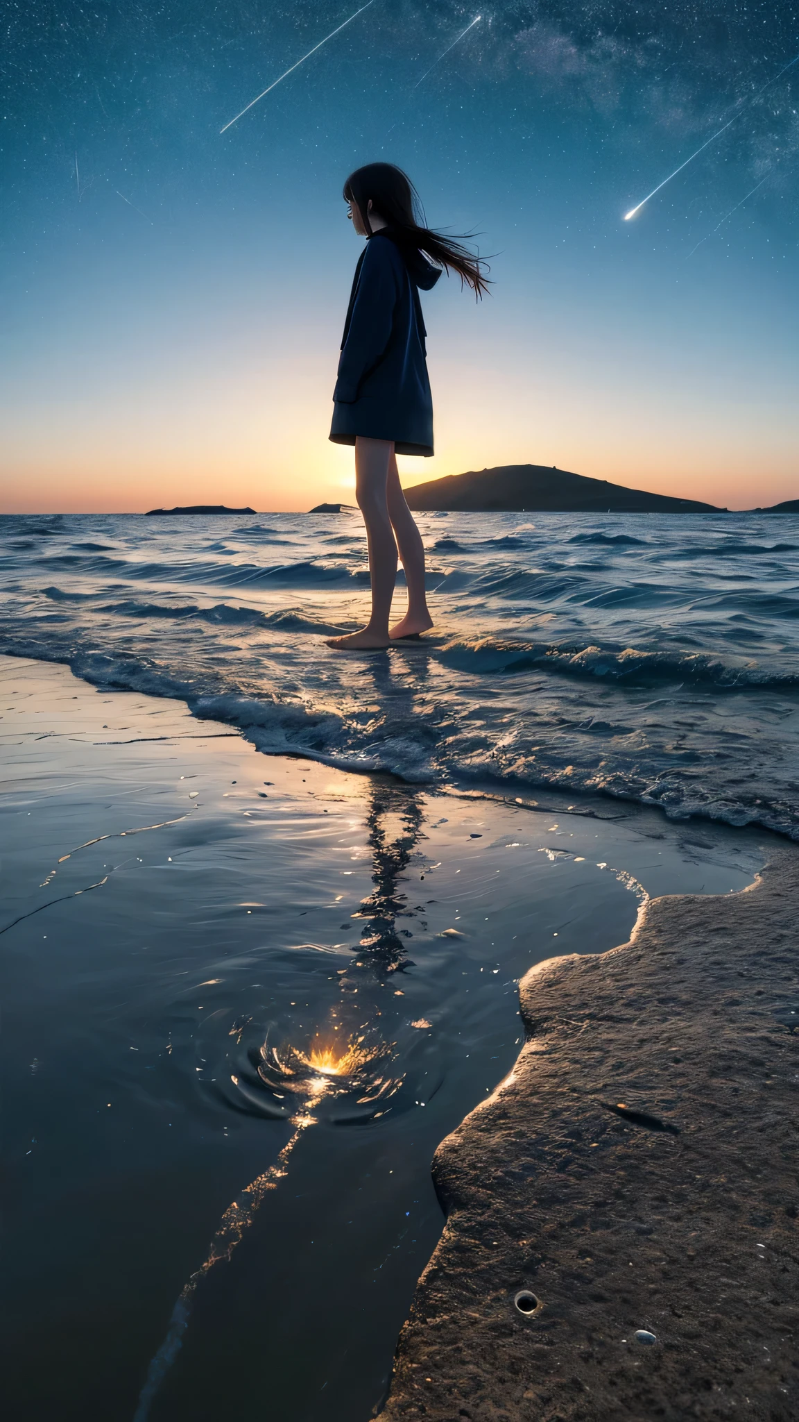 ((masterpiece, highest quality)), At night, thin clothes, girl, Put one foot in the sea with just the toe, girl standing, girl sideways, girl between the horizon and the sea, view from the side, Ripples spreading from the toes, The site is approximately 20 meters away, on the sea, At night, the whole scene shines, There is a meteor shower