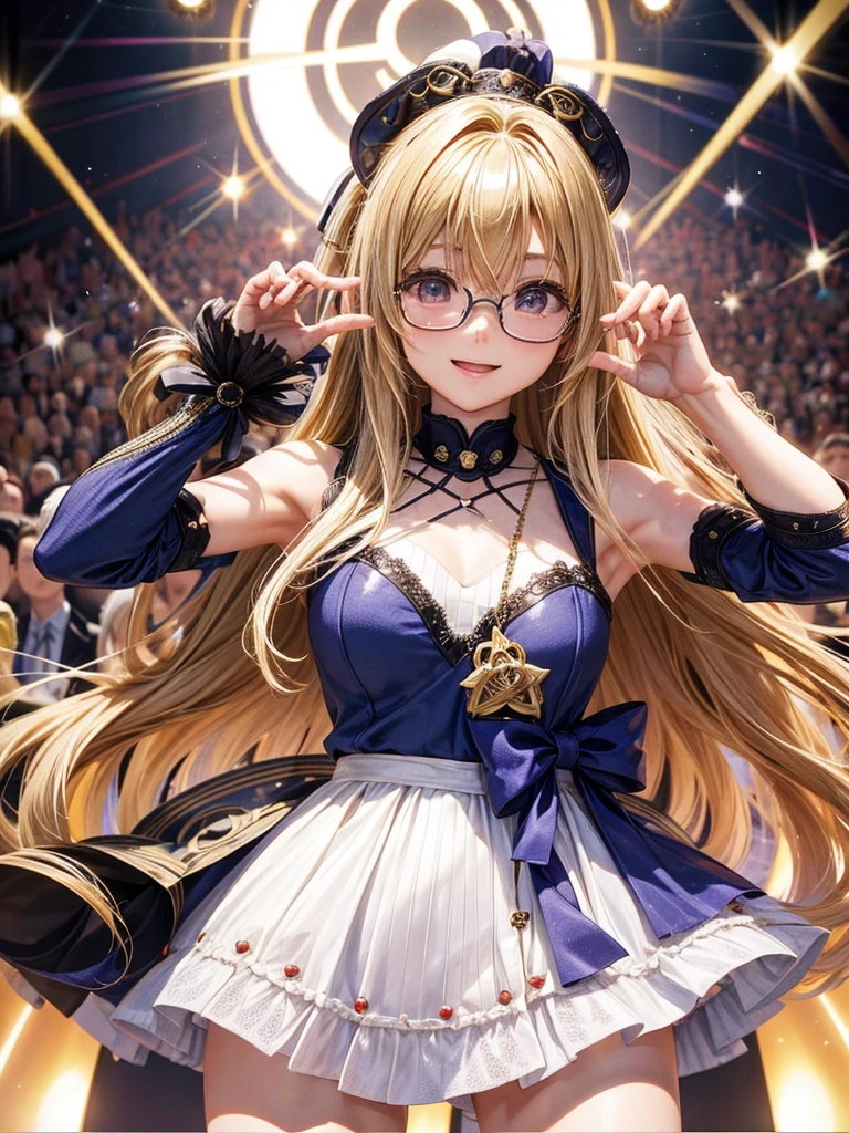 20 year old female、shiny hair quality、beautiful blonde、straight hair、long hair、Shaggy Hair、Glasses、Glasses美人、Idol、live、stage、舞台で歌を歌うIdol、Idolの衣装、cute、perfect skeleton