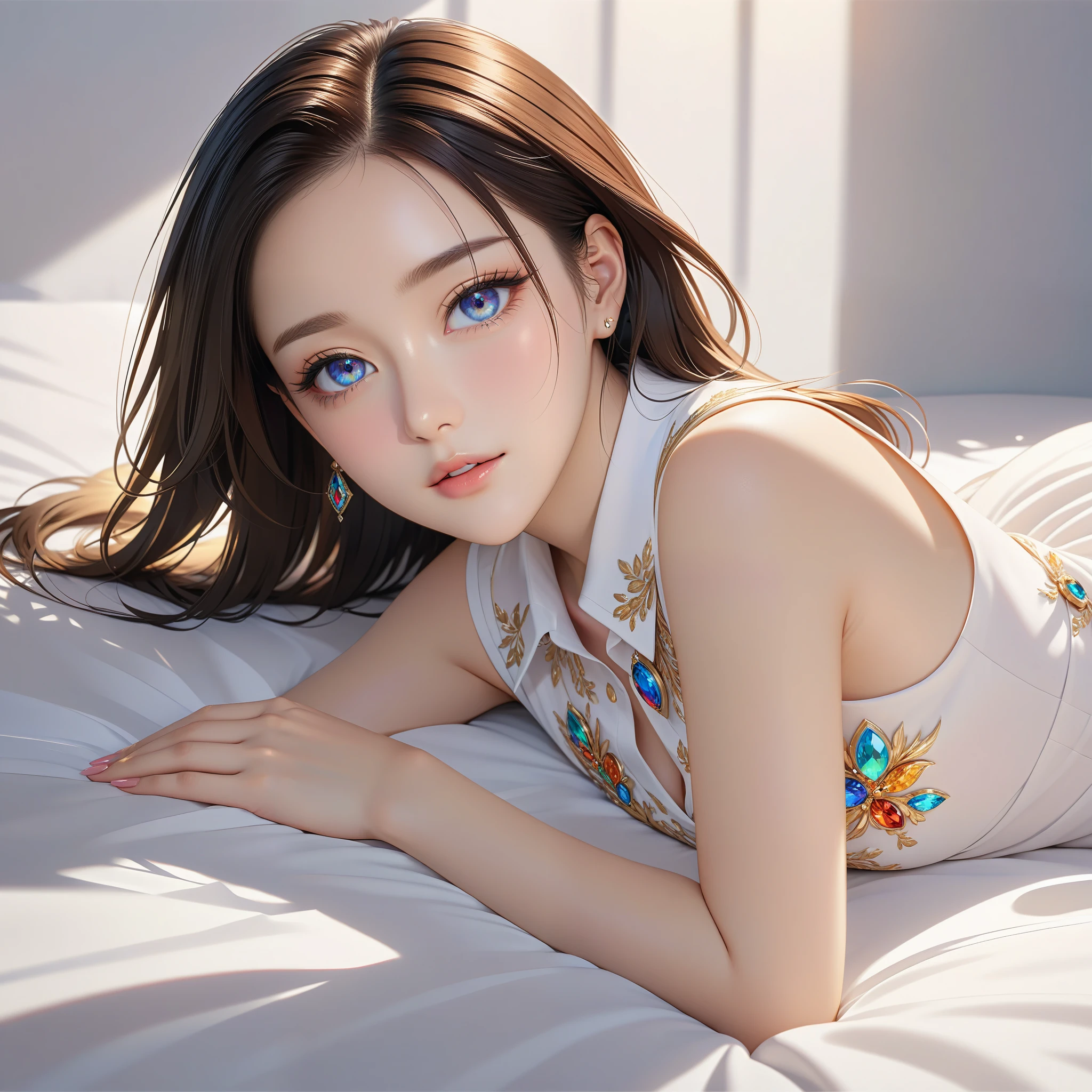 16k ultra-fine CG wallpaper, masterpiece, Excellent picture quality, Super exquisite), (Excellent light and shadow, Exquisite and beautiful), truly smooth skin, bright face, 18K close-up perfect display, Change, Lovely, Girl wearing sophisticated sleeveless shirt and long skirt, Lying prone on the big white bed, Colorful jewel-like eyes.