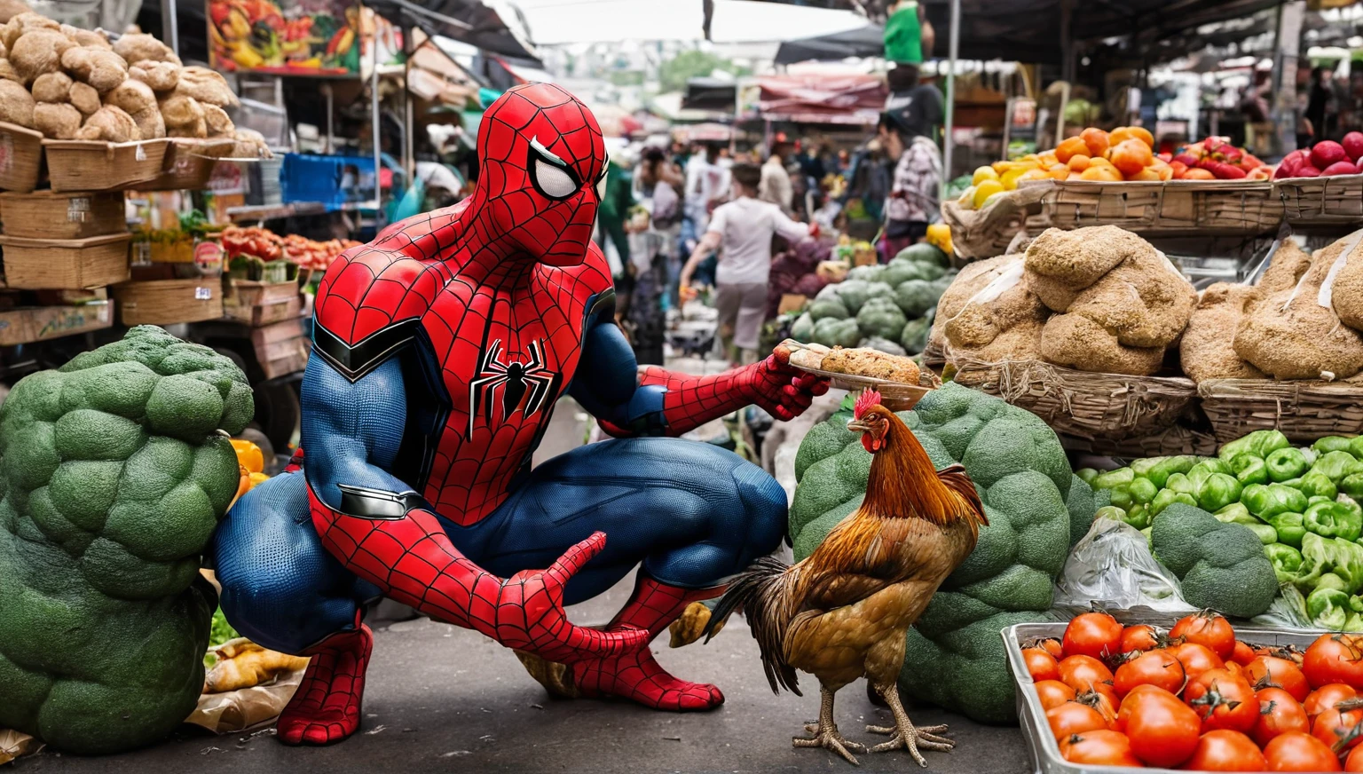 Spiderman is looking for food at the market accompanied by Hulk carrying a chicken