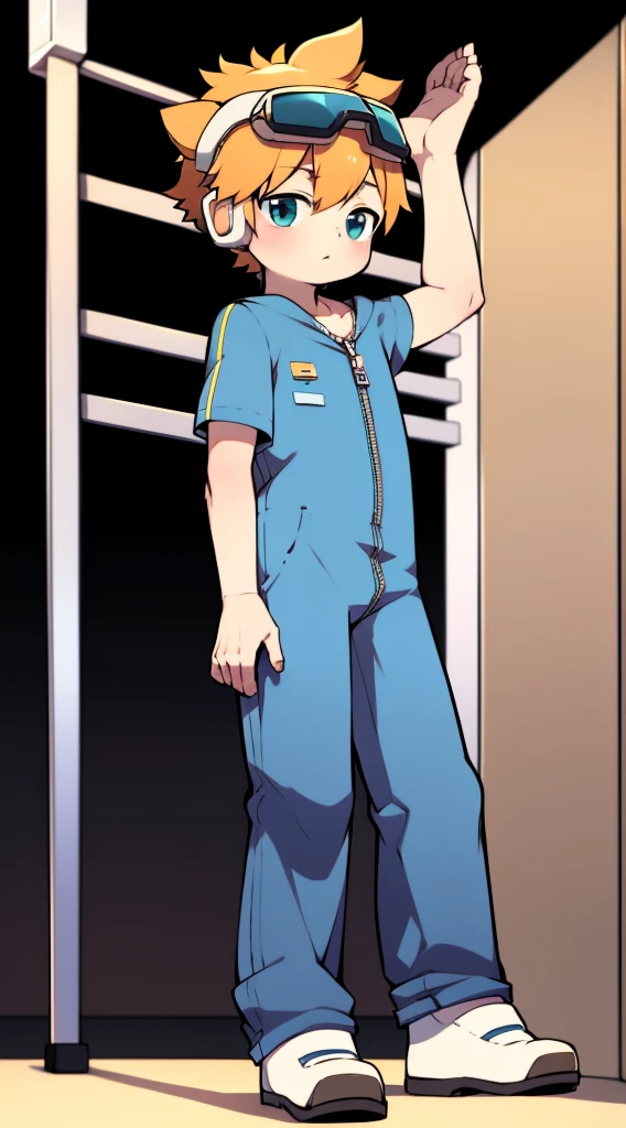 2D boy Shota,jumpsuit,Slim, healthy body,Put the headphones on your head,stand up,goggles,rabbit ears,Pull down the zipper,white socks