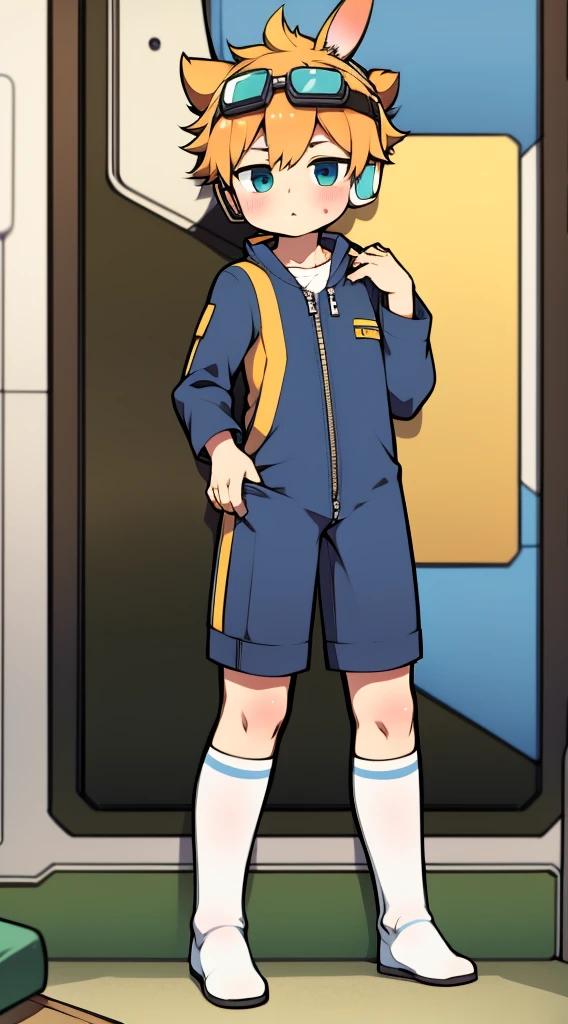 2D boy Shota,jumpsuit,Slim, healthy body,Put the headphones on your head,stand up,goggles,rabbit ears,Pull down the zipper,white socks