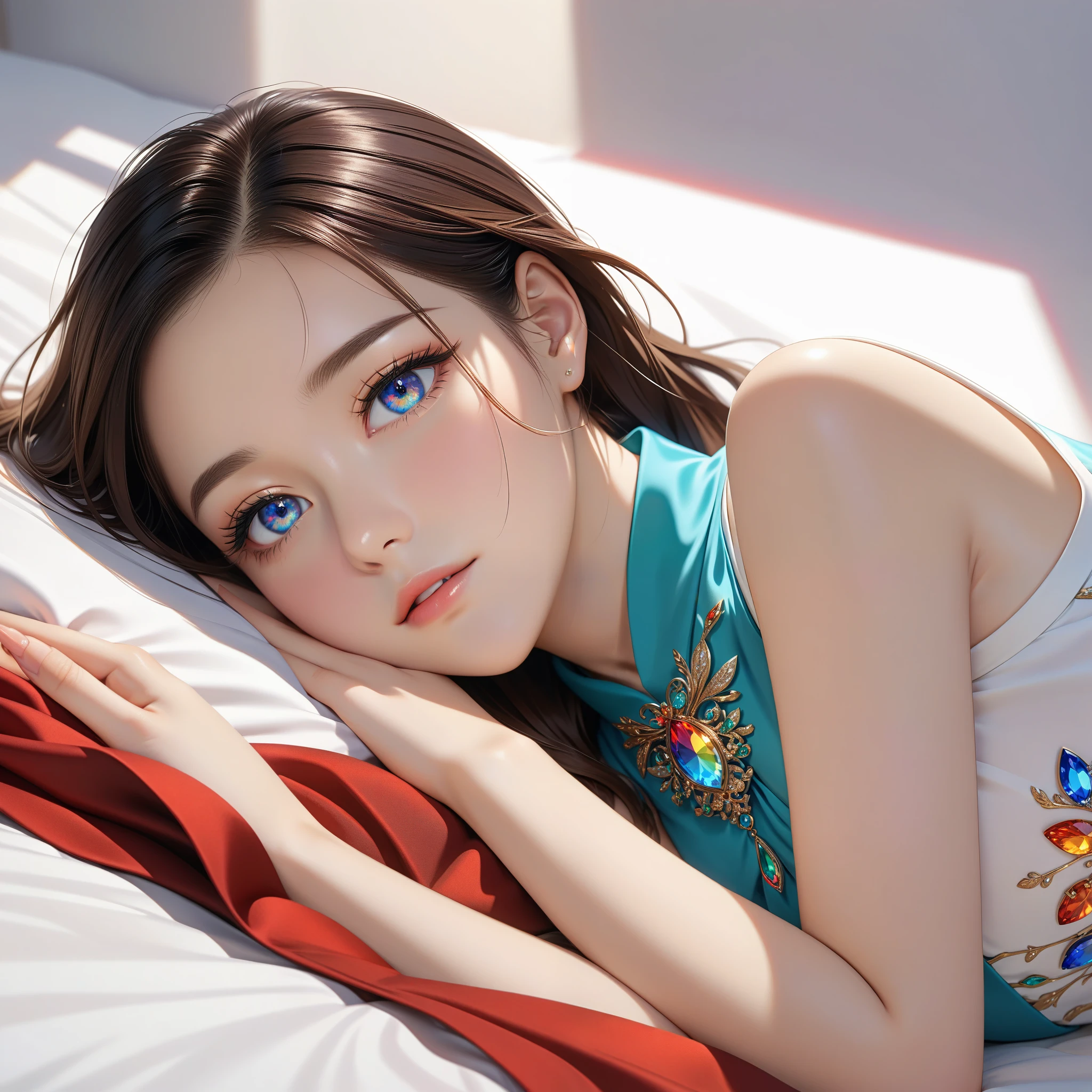 16k ultra-fine CG wallpaper, masterpiece, Excellent picture quality, Super exquisite), (Excellent light and shadow, Exquisite and beautiful), truly smooth skin, bright face, 18K close-up perfect display, Change, Lovely, Girl wearing sophisticated sleeveless shirt and long skirt, Lying prone on the big white bed, Colorful jewel-like eyes.