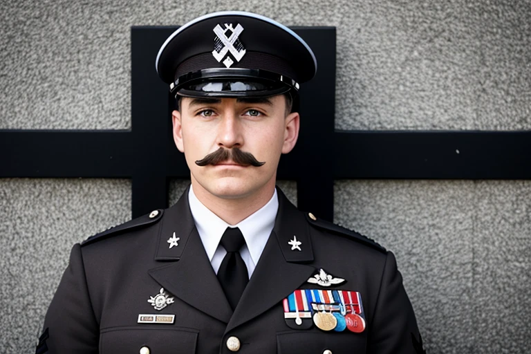Tom, 20 ans, brun, moustache, allemand, charismatique, high-ranking German army officer, Waffen-SS, heil hitler, croix de fer, nazis, swastika, Totenkopf, ww2, Realistic, tennue Realistic, lieu Realistic, peau Realistic, cheveux Realistic, 4k, hd, masterpiece