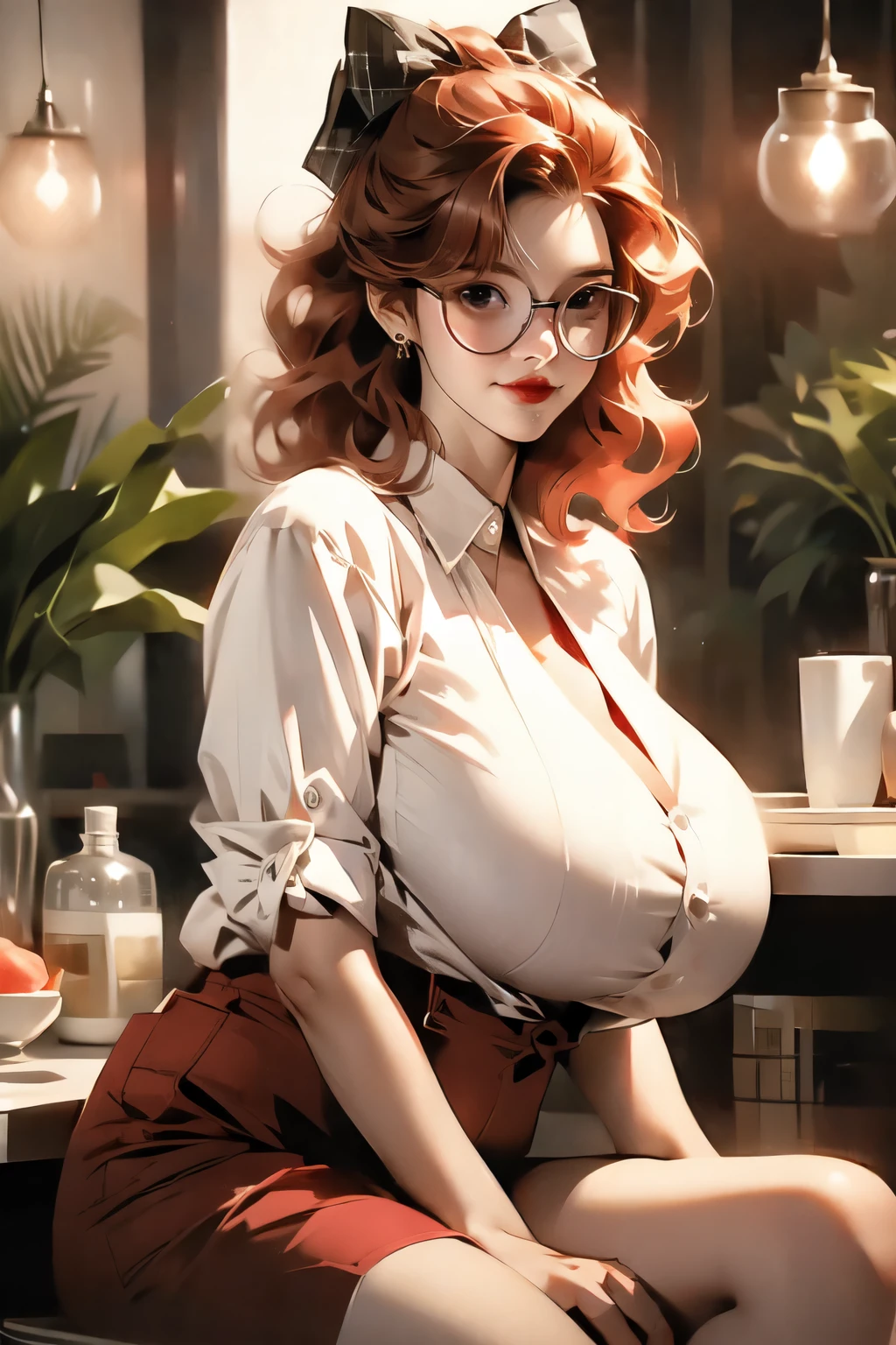 A photo of a young, nerdy woman sitting in a caf, wearing a white shirt and a bow, surrounded by a cozy atmosphere, looking at the viewer.
short red hair, slender, red lips, transparent fabric, flirting with the camera, Huge breasts, CLeavage, massive saggy breasts, no bra