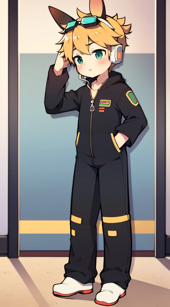 2D boy Shota，jumpsuit，Slim, healthy body，Put the headphones on your head，stand up，goggles，rabbit ears，Pull down the zipper，white socks