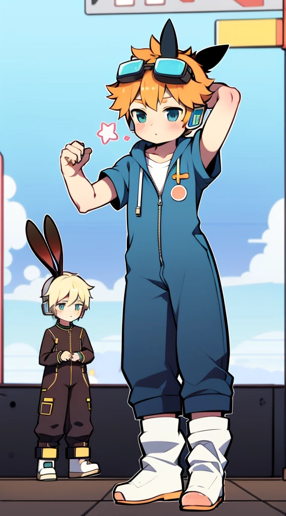 ((A boy)),(Youthful feeling),One-piece mountaineering suit,Slender figure,Healthy limbs,Goggles,Fingerless gloves,Cotton socks,Short sleeve,stand up,Smile,Rabbit ears,Rabbit Tail