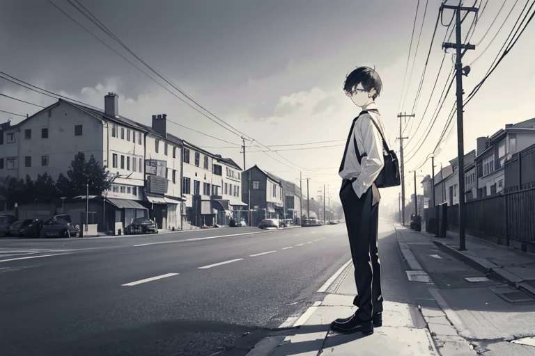 monochrome,masterpiece, illustration, best quality, best aathetic,male focus,long shot,full body,boy,a boy standing,white shirt,short hair,18 years old,glasses,farewell,Roads and telegraph poles,
building,