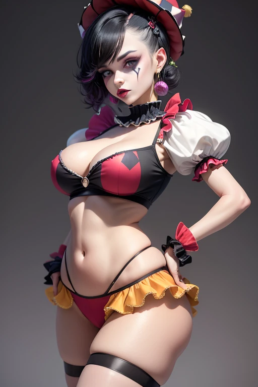 The image shows a Goth Woman with harlequin hat, clown face paint, wearing cropped clown shirt, puffy sleeves, puffy crewneck, stomach navel exposed, large breasts, small waist, wide hips, thick legs, red panties, collarbone, clown 🤡, sexy body, it, night circus background, shiny skin, highest detailed, detailed clothes, pastel colors, detailed body, detailed face, back view