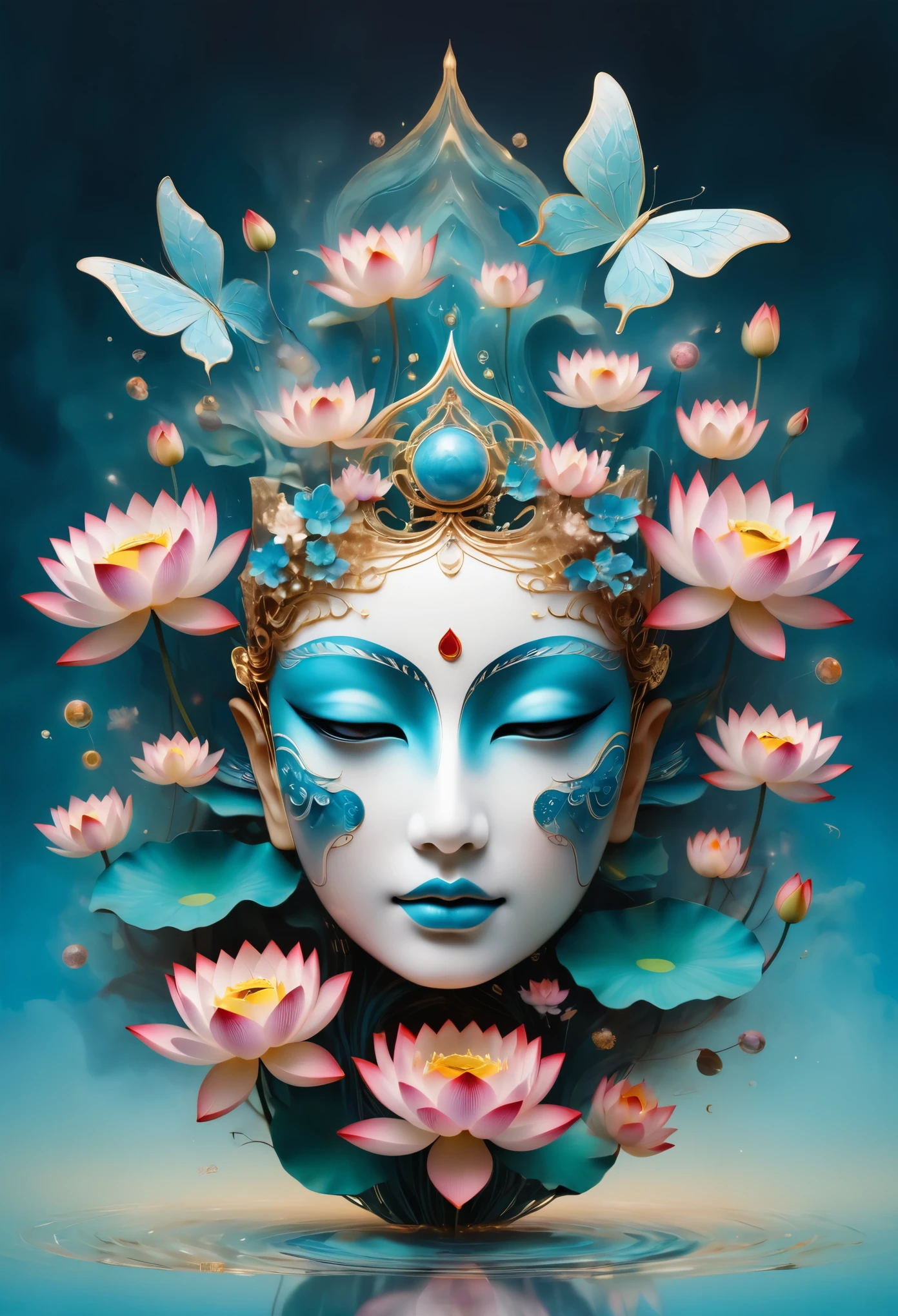 Imagine a tranquil scene inspired by Buddhist philosophy，A vibrant lotus flower stands against a background of intense turquoise tones。The lotus symbolizes purity and enlightenment，Complex petals bloom，exudes a sense of tranquility。As you gaze deeper into the image，You will notice an arrangement similar to a mandala，The constellations are arranged elegantly。Fusion of Buddhist Symbolism and Astrological Elements，consistency，Induce contemplation and a timeless sense of connection。(The sculpture is surrealist and realist: 1.5), (Kaneko，Blue and white porcelain mask)， (metal wings: 1.2), (Fox futuristic mask: 1.2), (Internet pop kawaii fractal art: 1.6), (Tobias Gramler (Tobias Gramler) Art style，smooth shapes: 1.6), (Organic geometric mixture: 1.6),ultra high resolution: 1.4),(particle effect: 1.4), (depth of field: 1.4), (geometric point abstraction: 1.6), (generative fluid fractal algorithm: 1.6).