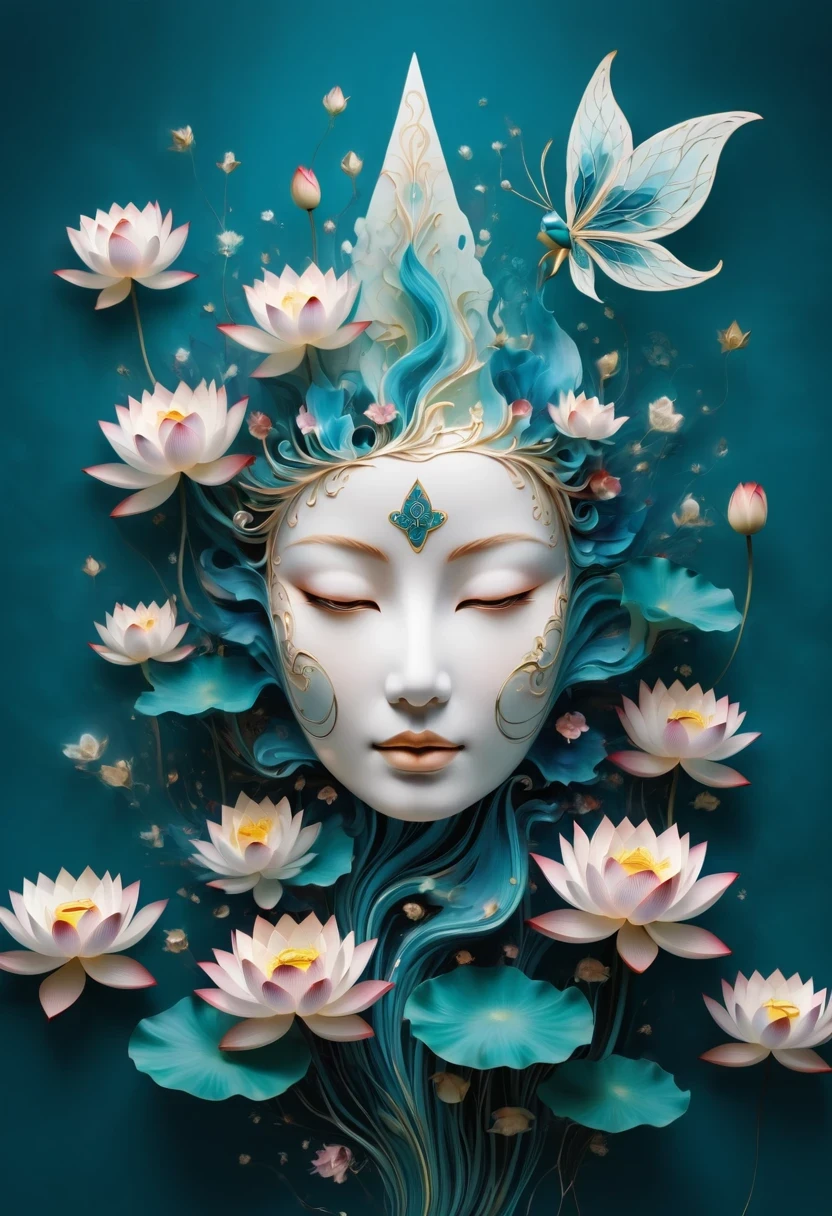 Imagine a tranquil scene inspired by Buddhist philosophy,A vibrant lotus flower stands against a background of intense turquoise tones。The lotus symbolizes purity and enlightenment,Complex petals bloom,exudes a sense of tranquility。As you gaze deeper into the image,You will notice an arrangement similar to a mandala,The constellations are arranged elegantly。Fusion of Buddhist Symbolism and Astrological Elements,consistency,Induce contemplation and a timeless sense of connection。(The sculpture is surrealist and realist: 1.5), (Kaneko,Blue and white porcelain mask), (metal wings: 1.2), (Fox futuristic mask: 1.2), (Internet pop kawaii fractal art: 1.6), (Tobias Gramler (Tobias Gramler) Art style,smooth shapes: 1.6), (Organic geometric mixture: 1.6),ultra high resolution: 1.4),(particle effect: 1.4), (depth of field: 1.4), (geometric point abstraction: 1.6), (generative fluid fractal algorithm: 1.6).