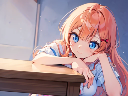 ((table top)), ((highest quality)), (Super detailed), anime style, look up from below, on the bed, cute, 1 girl, alone, underwear 00, ((beautiful eyes)), big and full breasts, smile